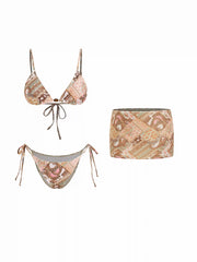 V-neck Paisley Bead Detail Triangle Low Rise Bikini Set With Beach Skirt