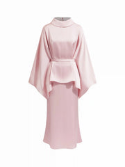 Satin Stand Collar Cape Top & Mid Rise Midi Skirt Set