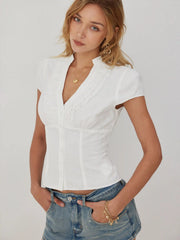 Cotton-blend Broderie Anglaise V-neck Ruffled Short Sleeve Blouse