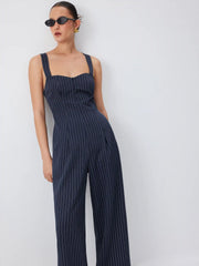 Striped Sweetheart Neck Criss Cross Mid Rise Wide Leg Jumpsuit