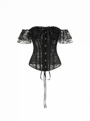 Lace Off-shoulder See-through Lace Up Corset Blouse
