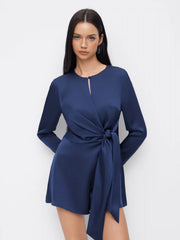 Satin Round Neckline Ruched Draped Micro Romper