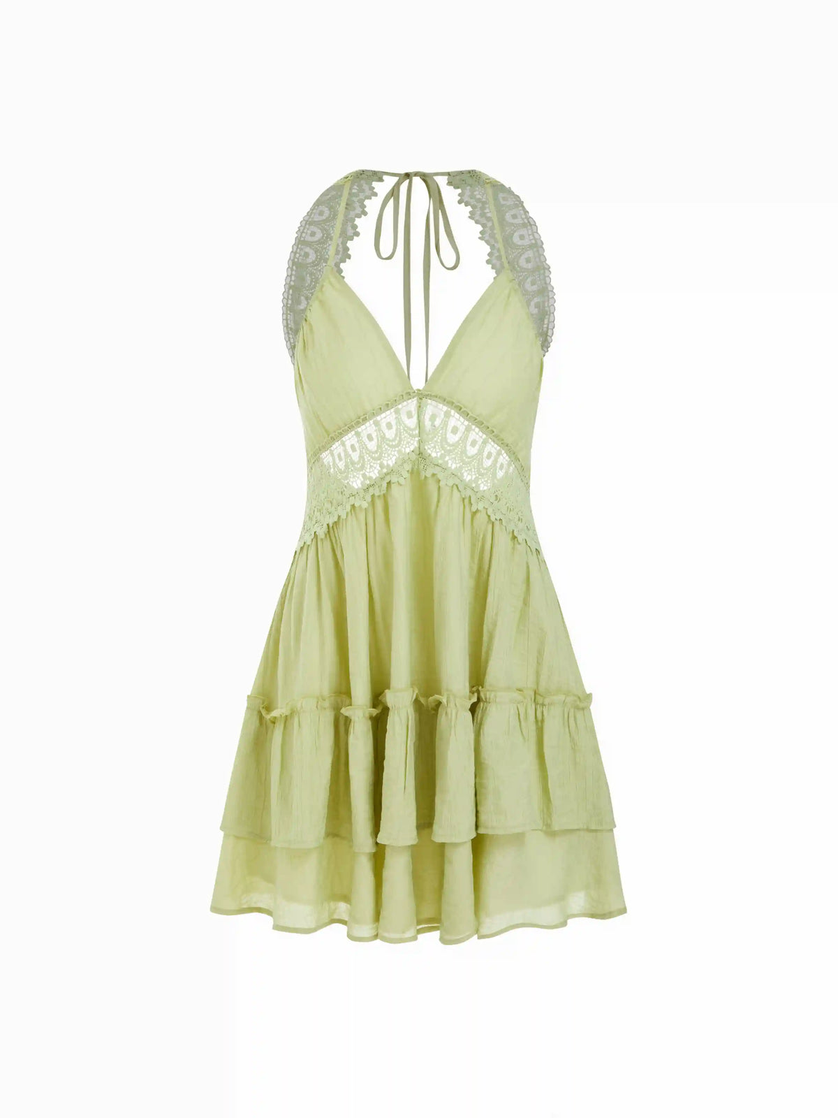 V-neck Halter Neckline Backless Guipure Lace Layered A-line Mini Dress