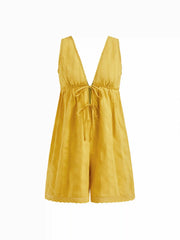 Cotton V-neck Lace Trim Tie Front Knotted Romper