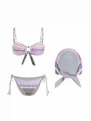 Sweetheart Floral Fruit Cut Out Bead Detail Tie Side Bikini Set With Headscarf