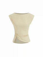 Checks Boat Neck Twist Knotted Blouse