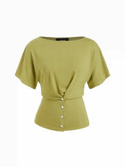 Batwing Sleeve Boat Neck Button Detail Tee