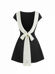 Colorblock Boat Neck Backless Bowknot A-line Mini Dress