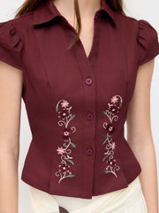 Cotton Floral Embroidery Puff Sleeve Blouse