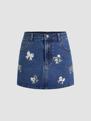 High Stretch Cider Denim Mid Rise Sequin Bowknot Micro Mini Skirt