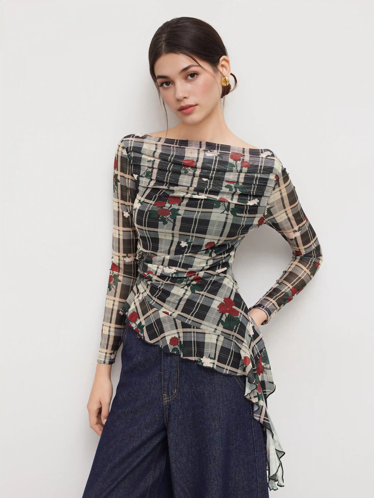 Mesh Boat Neck Rose Plaid Ruffle Hem Top