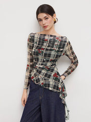 Mesh Boat Neck Rose Plaid Ruffle Hem Top
