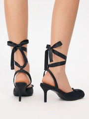 SATIN BOWKNOT DECOR SLINGBACK TIE LEG BALLET HEELS