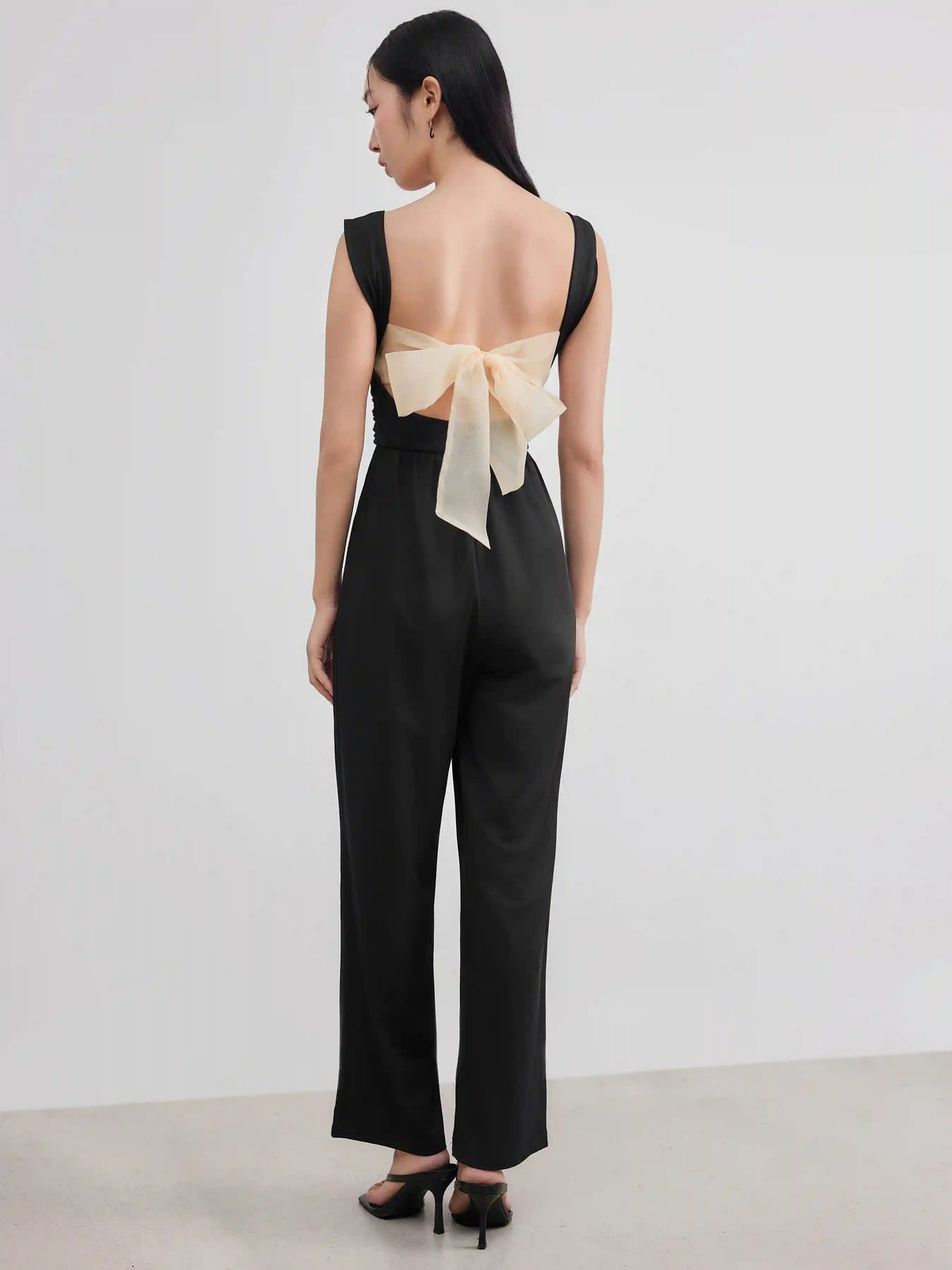 Square Neck Solid Ruched Bowknot Jumpsuit