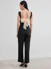 Square Neck Solid Ruched Bowknot Jumpsuit