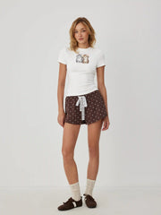 Cotton-blend Cat Graphic Bowknot Short Sleeve Tee
