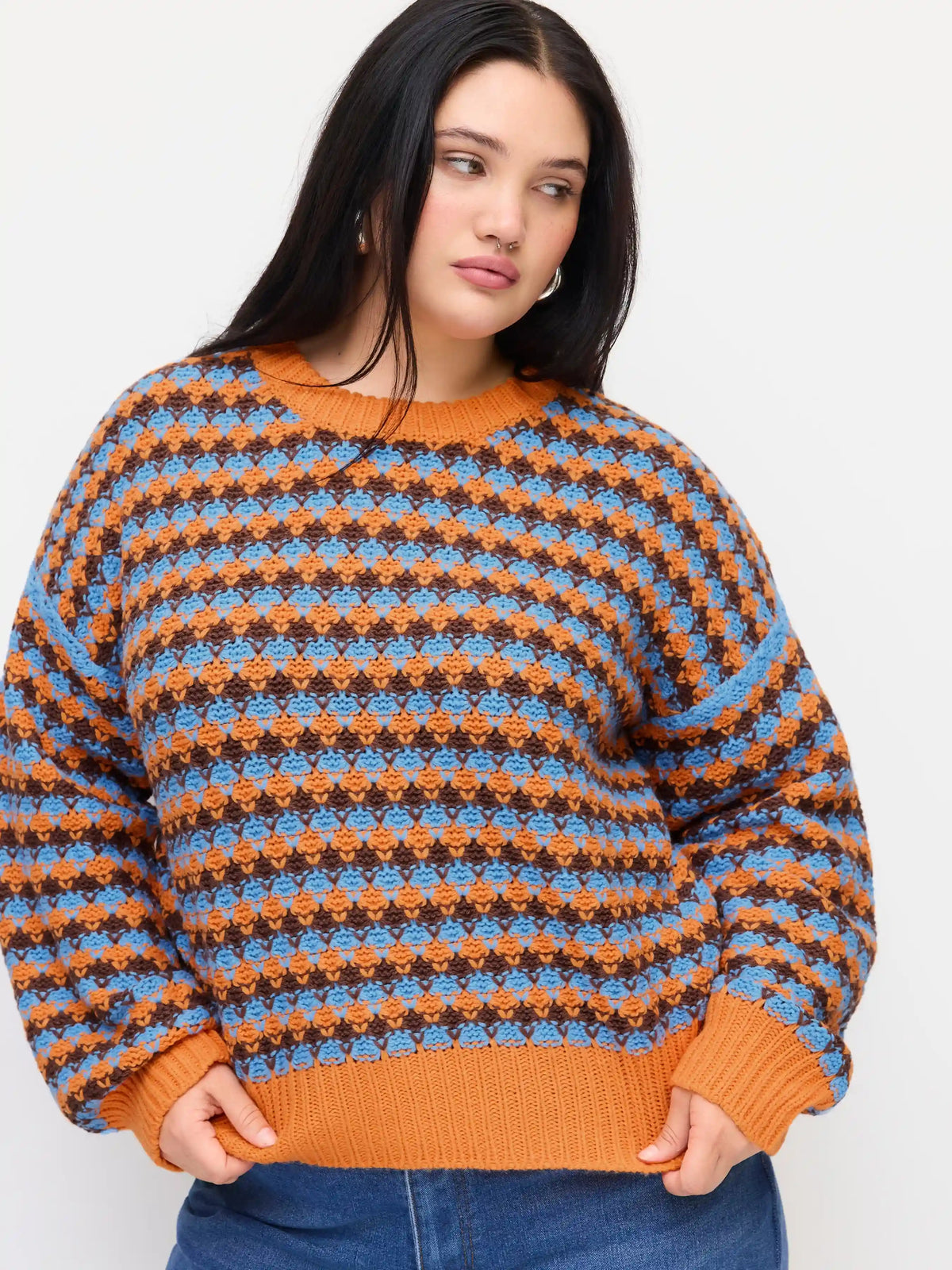Knit Geometric Contrasting Binding Oversized Top Curve & Plus
