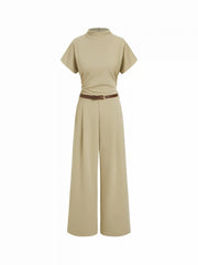Stand Collar Ruched Short Sleeve Straight Leg Jumpsuit With