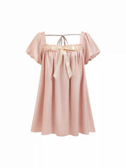 Satin Square Neck Puff Sleeve Bowknot Babydoll Mini Dress