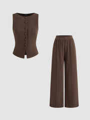 Boat Neck Waistcoat & Mid Rise Elastic Waist Wide Leg Trousers Set