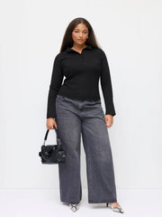 Knit Collar Button Long Bell Sleeve Top Curve & Plus