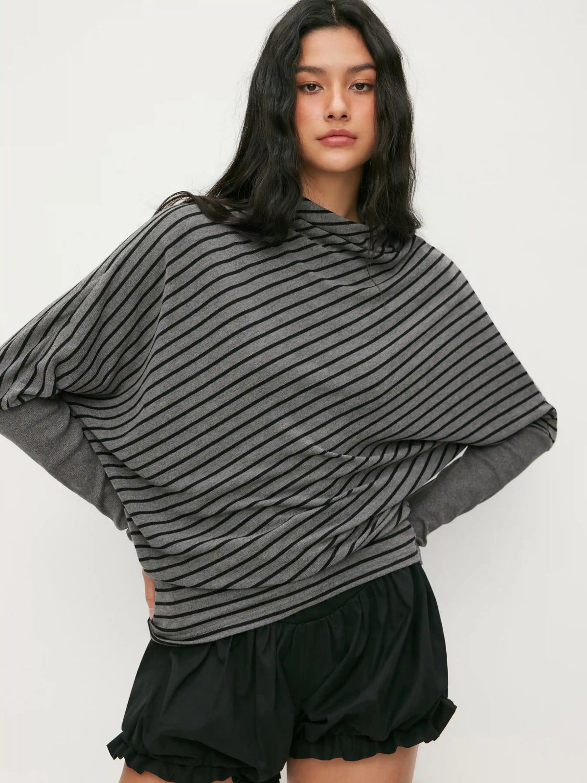 Jersey Striped Turtleneck Batwing Sleeve Oversized Sweatshirt