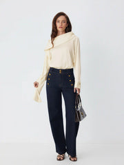 Satin Asymmetrical Neck Long Sleeve Blouse With Scarf
