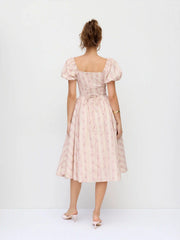 Cotton Floral Puff Sleeve Lace Trim Bowknot Flared Maxi Dress