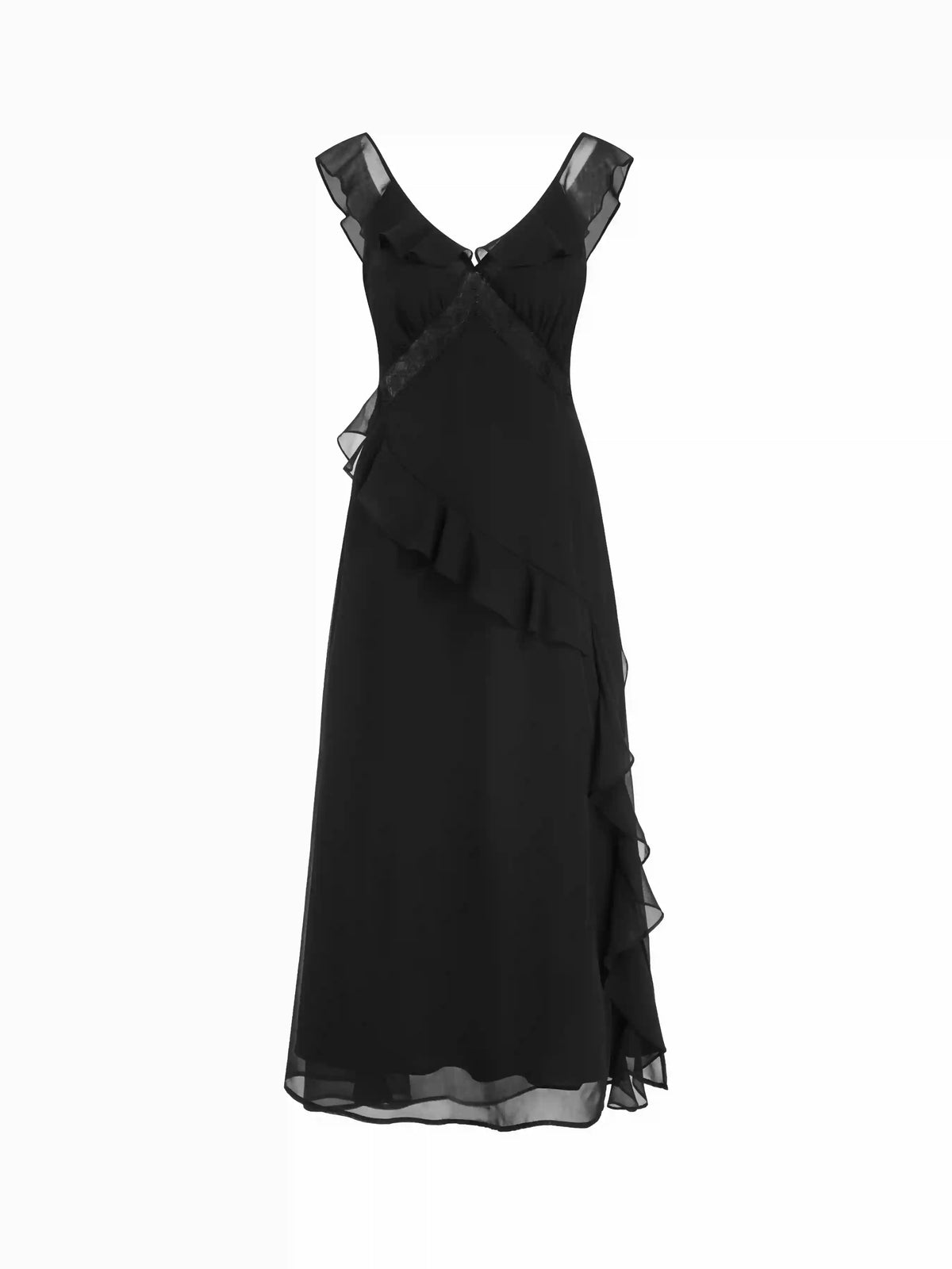Chiffon V-neck Ruffled A-line Maxi Dress