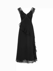 Chiffon V-neck Ruffled A-line Maxi Dress