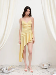 Satin V-neck Ruffle Hem Asymmetrical Mini Dress