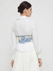 Cotton-blend V-neck Toile de Jouy Ruched Long Sleeve Blouse
