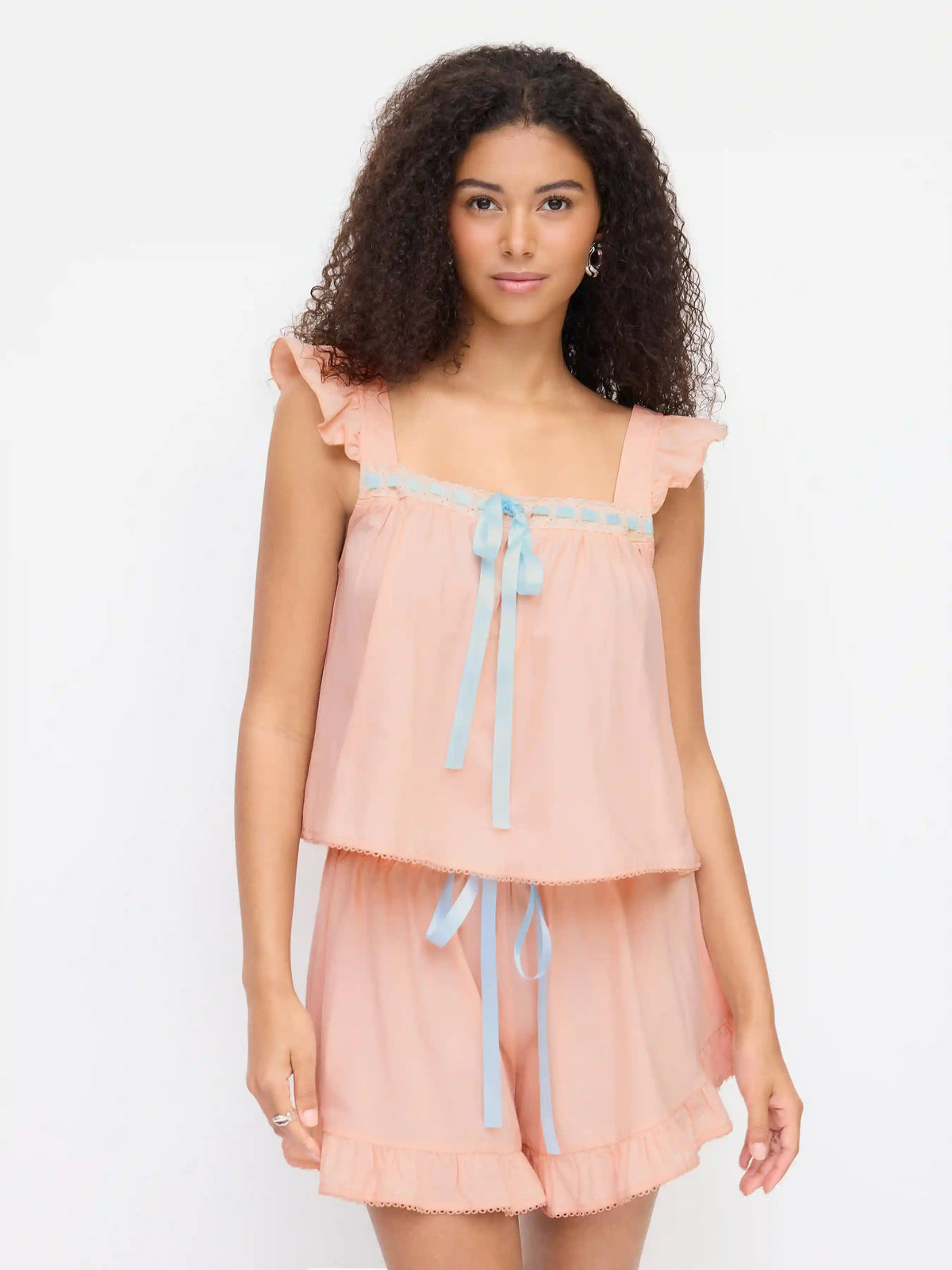Cotton Square Neck Bowknot Tank & High Rise Shorts Loungewear Set