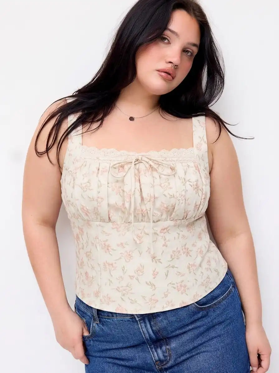 Floral Jacquard Square Neck Bowknot Shirred Tank Blouse Curve & Plus