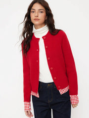 Knit Round Neck Cardigan With Gingham Trim