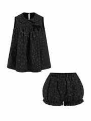 Textured Bowknot Peter Pan Collar Top & Mid Rise Bloomers Set