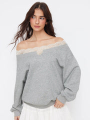 Terry Off-Shoulder Lace Trim Oversized Sweatshirt