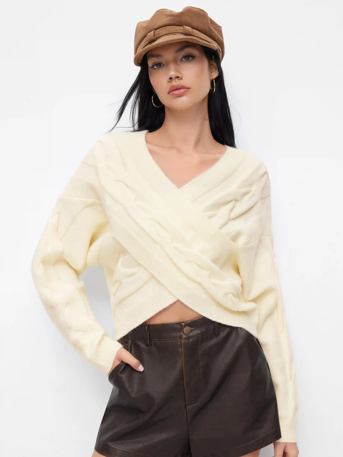 Cable Knit V-neck Long Sleeve Criss Cross Oversized Top