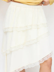 Mid Rise Lace Trim Layered Asymmetrical Hem Midi Skirt