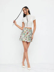 Jacquard Mid Rise Floral Zipper Mini Skirt