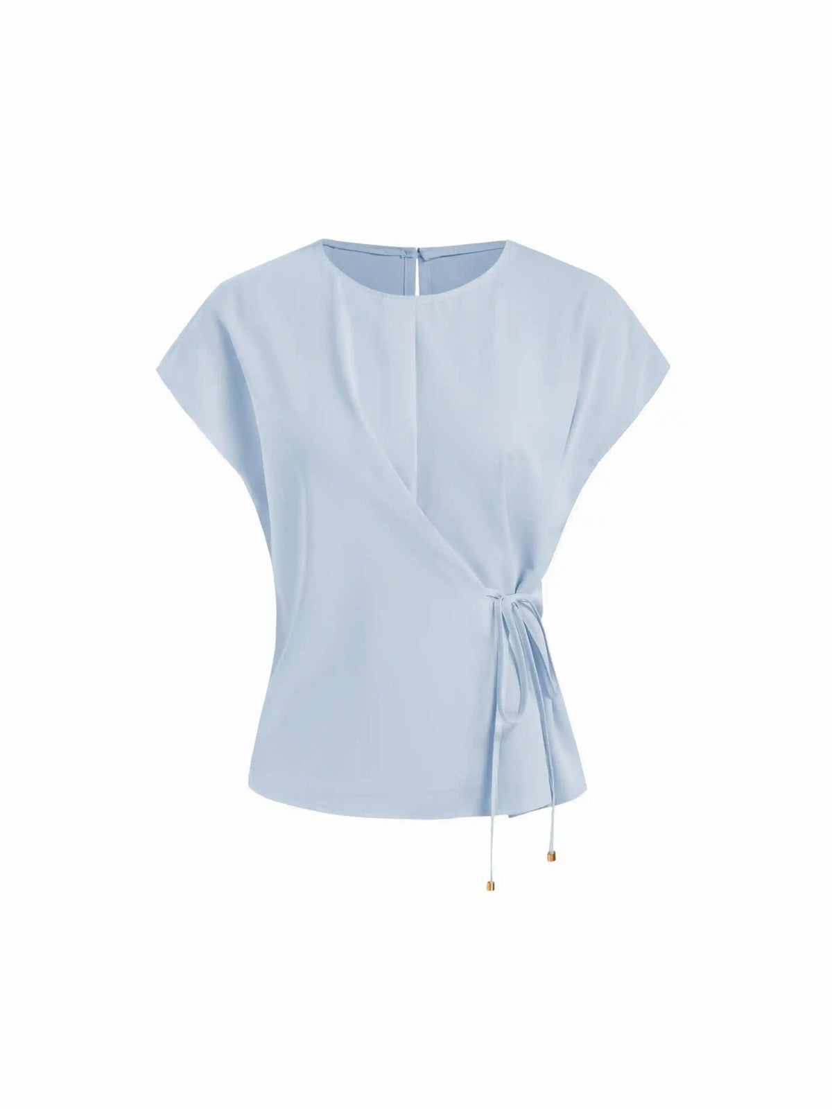 Asymmetrical Round Neckline Tie Front Short Sleeve Blouse With Metal Detail