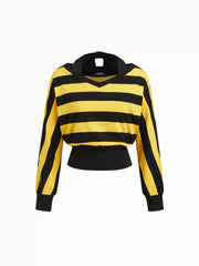 Cotton-blend Asymmetrical Neck Long Sleeve Striped Two Tone Top