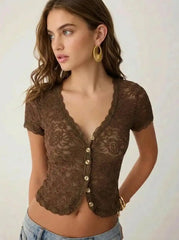 Lace Sweetheart Short Sleeve Slim Top