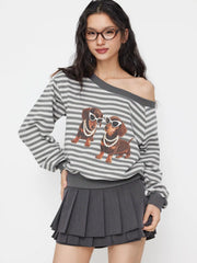 Cotton-blend Asymmetrical Neck Striped Puppies Graphic Oversized Sweatshirt