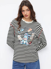Cotton-blend Bunny Graphic Round Neckline Striped Oversized Tee