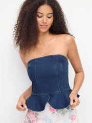 Stretch Denim Strapless Peplum Hem Bandeau Top