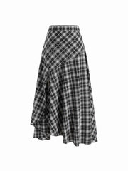Cotton-blend High Rise Asymmetrical Plaid A-Line Split Maxi Skirt