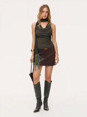 Satin Halter Neckline Draped Ruched Fringe Top