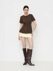 Boat Neck Pleated Button Short Sleeve Blazer