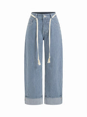 Denim Mid Rise Striped Barrel-leg Jeans with Belt